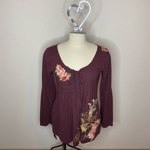 Johnny Was Maroon Long Sleeve Embroidered Tee